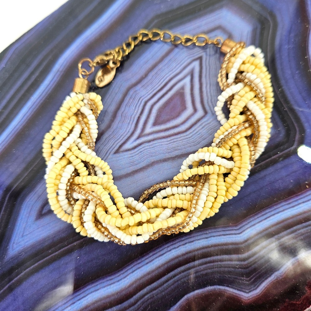 ALDO Beaded Woven Boho Bracelet Braided Yellow White Seed Beads Adjustable Chain